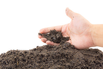 Hand holding soil on white background