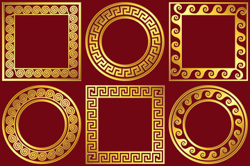 Set golden round and square frames with traditional vintage Greek Meander pattern on red background for design template.