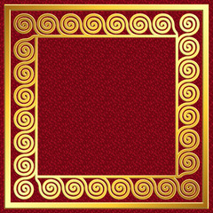 Golden square frame with traditional vintage Greek Meander pattern on red background for design template.