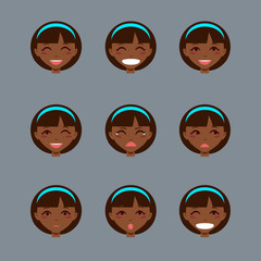 Set of emotional character. Cartoon style emotion icons. Isolated black girl avatars with different facial expressions. Flat illustration women's faces. Hand drawn vector drawing emoji.