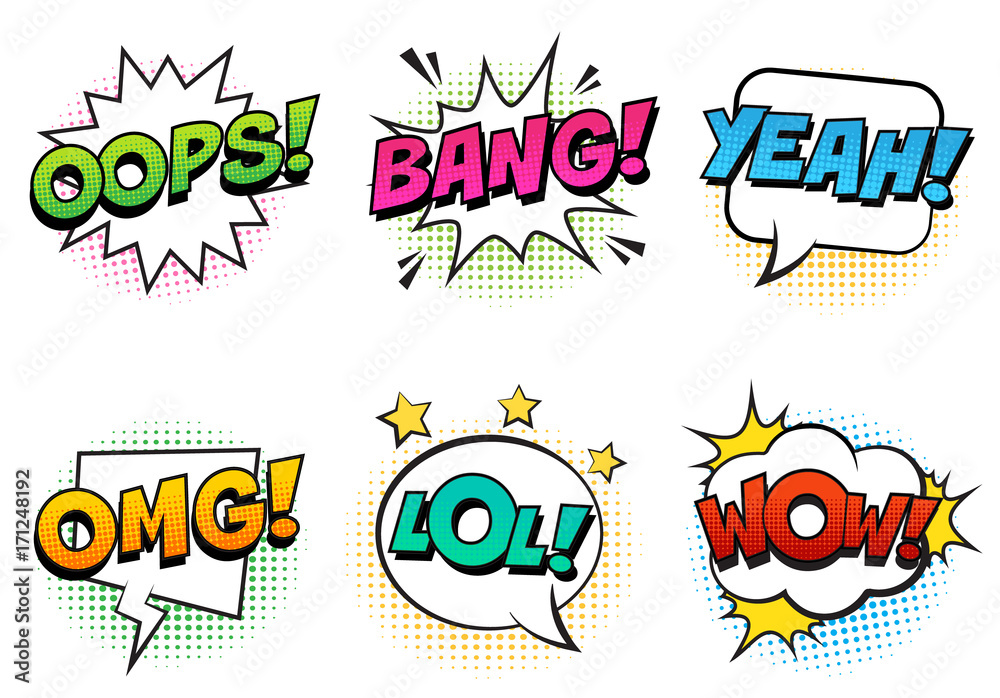 Wall mural retro comic speech bubbles set with colorful halftone shadows on white background. expression text l