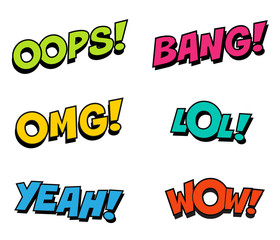 Retro comic colorful expression text LOL, OMG, WOW, YEAH, OOPS, BANG. . Vector illustration, vintage design, pop art style.