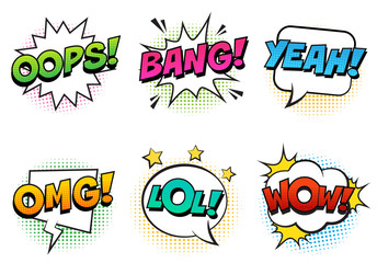 Retro comic speech bubbles set with colorful halftone shadows on white background. Expression text LOL, OMG, WOW, YEAH, BANG, OOPS. Vector illustration, vintage design, pop art style.