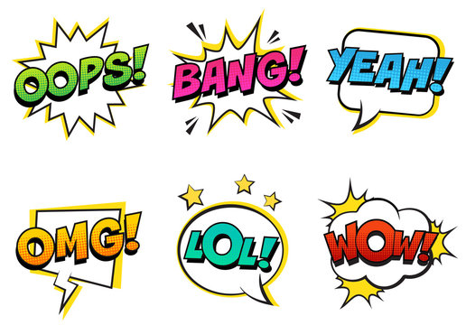 Retro comic speech bubbles set with colorful halftone shadows on white background. Expression text LOL, OMG, WOW, YEAH, OOPS, BANG. . Vector illustration, vintage design, pop art style.