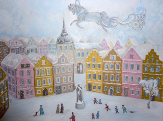 Painting with a pencil. The city, winter and people are walking along the street. A fairy-tale horse with Santa Claus is racing down the sky.