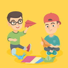 Caucasian children folding paper and making origami toys. Friends playing with paper plane, boat and bird. Children creativity and craft concept. Vector sketch cartoon illustration. Square layout.
