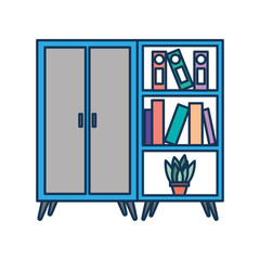 wooden cabinet and bookcase pot with plant vector illustration