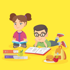 Two caucasian children doing homework together. Brother reading a textbook while his sister writing in notebook. Schoolkids studying together. Vector sketch cartoon illustration. Square layout.