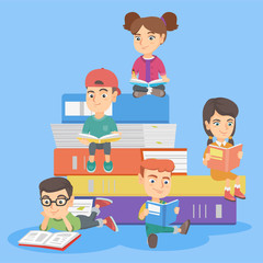 Caucasian kids reading books together. Smiling children sitting on the stack of multicolor books and enjoying reading. Kids reading for pleasure. Vector sketch cartoon illustration. Square layout.