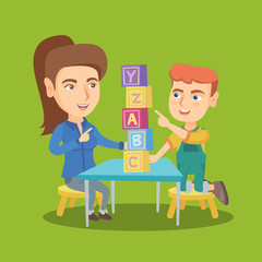 Young caucasian mother using cubes with letters to teach her son alphabet. Mother or kindergarten teacher playing with a boy with educational cubes. Vector sketch cartoon illustration. Square layout.