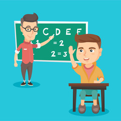 Intelligent caucasian school child raising his hand in the air to answer a question while his teacher standing in front of blackboard in classroom. Vector sketch cartoon illustration. Square layout.