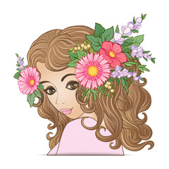 A young beautiful girl with a flower wreath on his head.