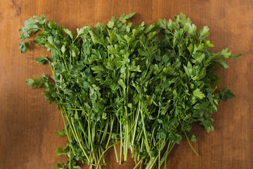 Bunch of fresh, wet garden parsley stems with little imperfections on wooden background