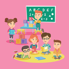 Group of little caucasian children playing in kindergarten. Teacher reading a book to group of children in kindergarten. Preschool education concept. Vector sketch cartoon illustration. Square layout.