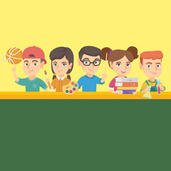 Group of little caucasian school children standing at the table and holding books, pointer, flask, test tube, gouache and basketball ball in hands. Vector sketch cartoon illustration. Square layout.