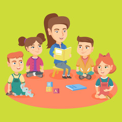Young caucasian kindergartener reading a book for kids in the kinder garden. Group of little children listening to a kindergartener reading a book. Vector sketch cartoon illustration. Square layout.