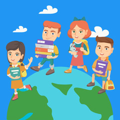 Group of caucasian preschool kids walking on the top of a globe with backpacks and books. Little preschool kids walking around the Earth planet. Vector sketch cartoon illustration. Square layout.