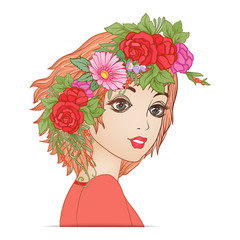 A young beautiful girl with a flower wreath on his head.