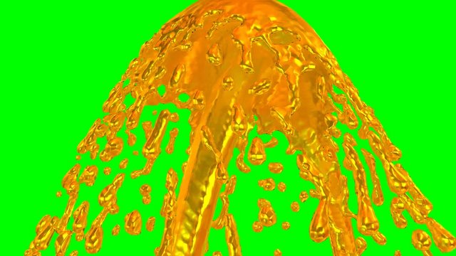 Animated two streams of golden paint or melted gold colliding and splashing with each other against green background 2.