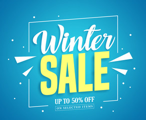 Winter sale vector banner design with sale up to 50% off in blue background for winter season marketing promotion. Vector illustration.
