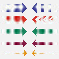 Dotted arrows. Dots pointers, colorful, halftone effect. Vector illustration.