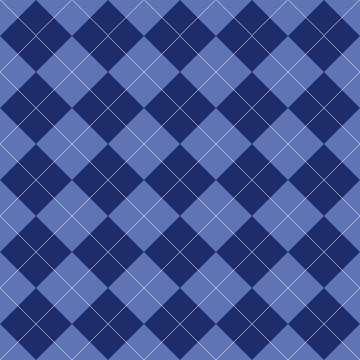 Seamless argyle pattern. Rhombus of blue color. Texture for plaid, tablecloths, clothes, shirts, dresses, bedding, sweater, socks and other textile products. Vector illustration.