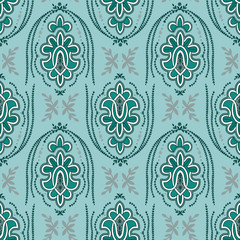 Ornate Retro Style Bollywood Deco Wallpaper - Seamless Repeat Tile - Teal, Mint Green and Grey Colour Palette - 171251170