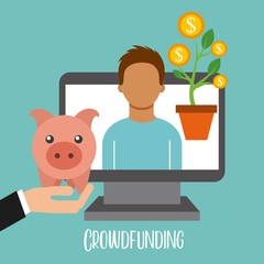 crowdfunding online cooperation people piggy banking vector illustration