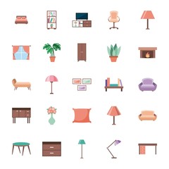 set of interior house room with furniture icons living bedroom vector illustration
