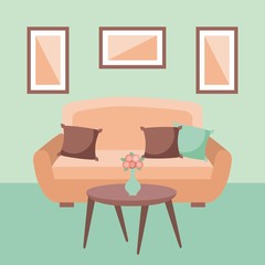 living room interior a sofa pillows table flower and frame vector illustration