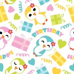Seamless pattern of cute penguin girls and birthday gift boxes vector cartoon illustration for birthday wrapping paper, fabric clothes, and wallpaper