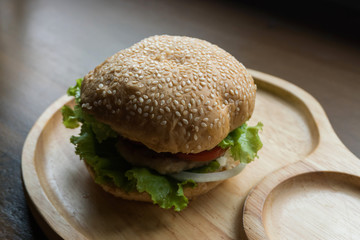 close-up hamburger with fresh vegetables