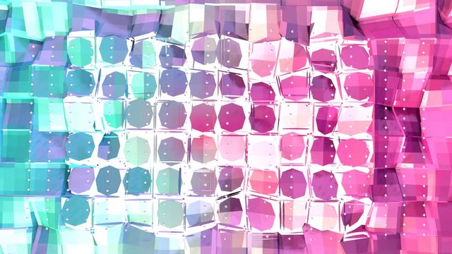 Abstract simple blue pink low poly 3D split surface and flying white crystals as crystal mesh. Soft geometric low poly background with copy space. 4K Fullhd seamless loop background.