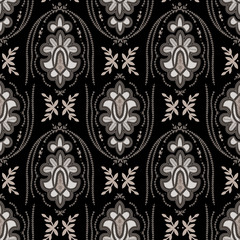 Ornate Retro Style Bollywood Deco Wallpaper - Seamless Repeat Tile - Black, White, Grey and Taupe - 171253960
