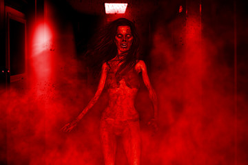 3d illustration of aggressive zombie woman,Horror background mixed media