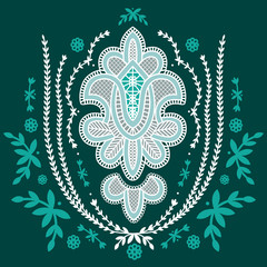 Ornate Retro Style Bollywood Deco Icon - Embroidery Artwork or TShirt Screenprint Vector Graphic - Dark Teal, Mint Green, Soft Grey and White Color Palette - 171254172