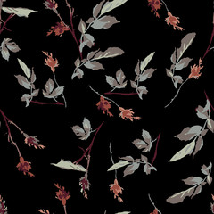 PrintRomantic Leafy Rosebud Seamless Repeat Tile - Background Pattern - Wallpaper Design - Black Background - 171254324