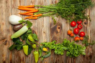 Set of different fresh raw colorful vegetables near the wooden tray, light background