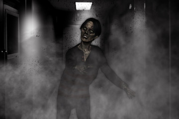 Fototapeta na wymiar 3d illustration of aggressive zombie,Horror background mixed media