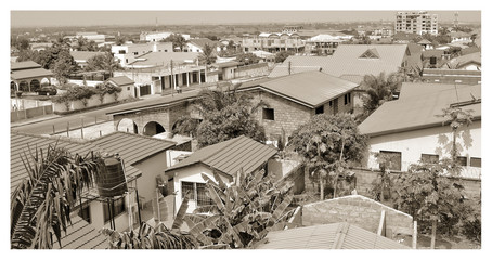 Postcard. Residential buildings in Africa. Black White photography. Old photo. Retro. Suburb lifestyle in developing countries. Beautiful urban landscape. Top view. Vintage