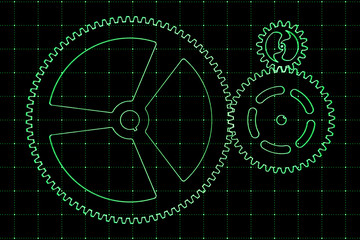 Set of green gears and cogs on virtual screen