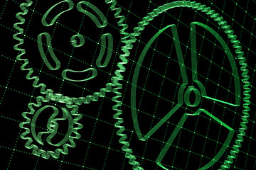 Set of green gears and cogs on virtual screen