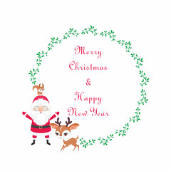 Christmas round floral frame with the image of a cute woodland animals and Santa. Vector background.