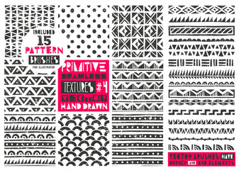 Set of 8 primitive geometric patterns collection. Includes 15 pattern brushes for Illustrator. Modern trendy prints in linocut style. Vector illustration. EPS10. - 171258757