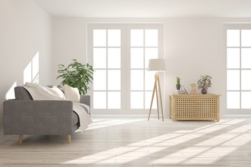Idea of white minimalist room with sofa. Scandinavian interior design. 3D illustration