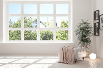 White empty room with summer landscape in window. Scandinavian interior design. 3D illustration
