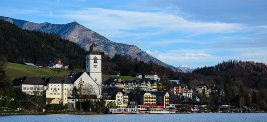 Fototapeta na wymiar St. Wolfgang, Upper Austria, Austria seen from Wolgang Lake
