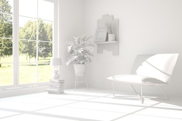 Fototapeta na wymiar White inspiration of room with armchair. Scandinavian interior design. 3D illustration