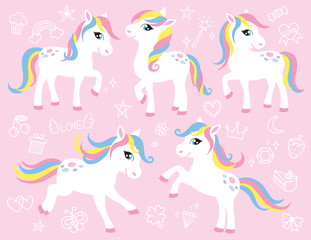 Cute white little pony or horse vector illustration set with cute graphic elements such as rainbow, star, moon, cupcake, crown, diamond, etc.