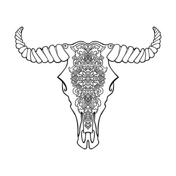 Mandala tattoo style dead cow head. Decorative ornament buffalo skull. Native indian art. Vector black and white illustration. Ethnic sketch design. Tribal boho style pattern.